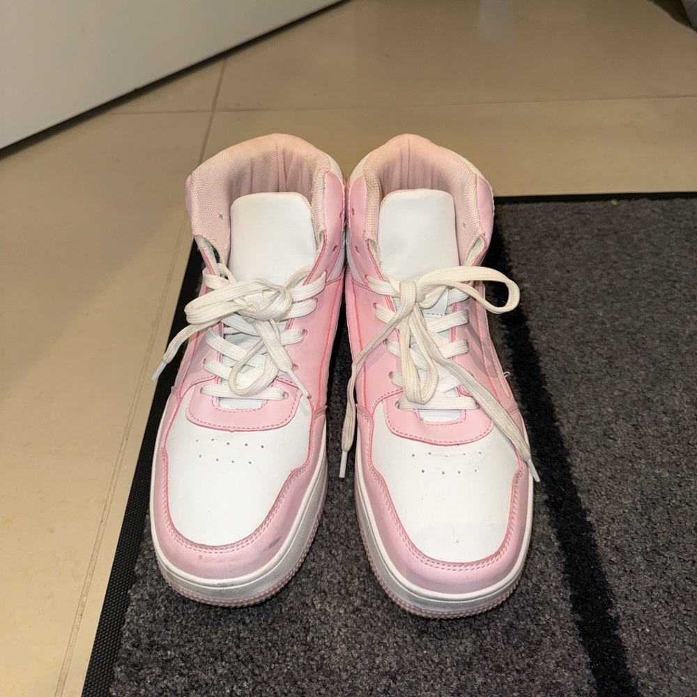 White + Pink Princess Polly High Top Sneakers